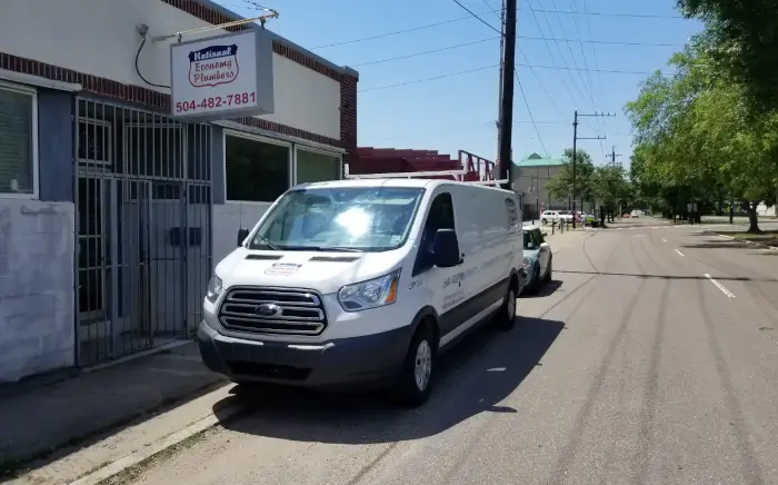 The National Economy Plumbers shop and licensed service van in New Orleans, the local team for leaky pipe repair and water leak detection