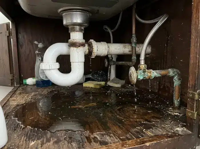 A leaky pipe under a kitchen sink dripping onto a water-stained cabinet floor, one of the most common signs of a hidden leak
