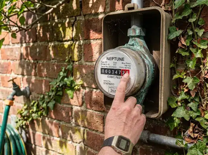 Checking a residential water meter for the signs of a water leak, watching the dial move with every fixture shut off
