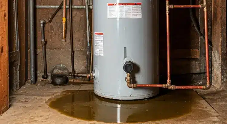 Water pooling around the base of a tank, one of the most common water heater problems and a clear sign you need repair