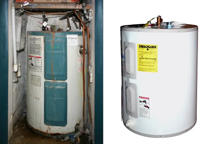 A corroded old unit next to a new one, illustrating the water heater repair or replacement decision