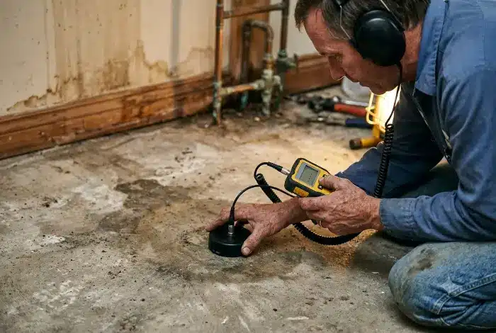 A plumber using acoustic water leak detection equipment on a concrete floor to pinpoint a hidden leak in a New Orleans home