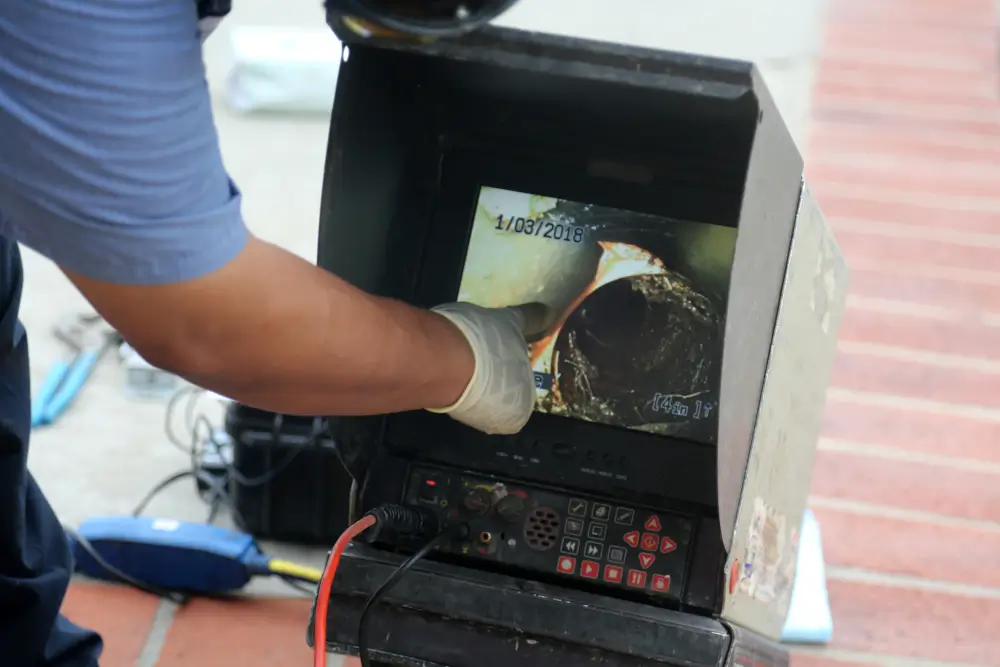 video-pipe-inspection-findings-new-orleans A technician points out a blockage on the video pipe inspection monitor during a sewer check
